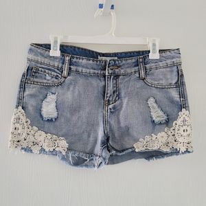 Other Follow Women's Denim Jean Shorts Sz 29 Blue Distressed with Lace accents